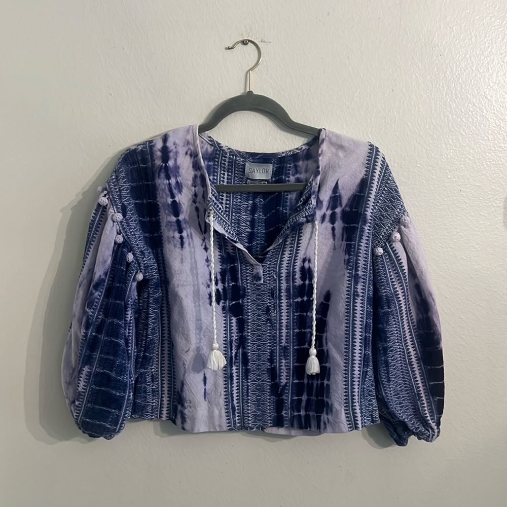 SAYLOR Dorothea Blue Tie Dye Pom Pom Crop Cotton Embroidered Top XS/S